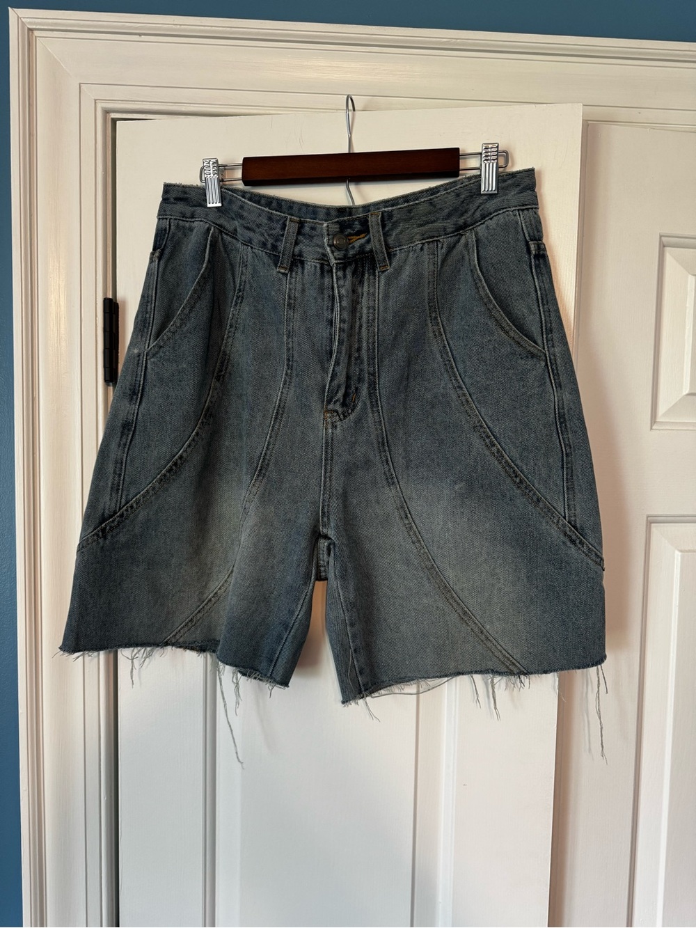 High-Waist Washed Black Denim Shorts with Raw Hem